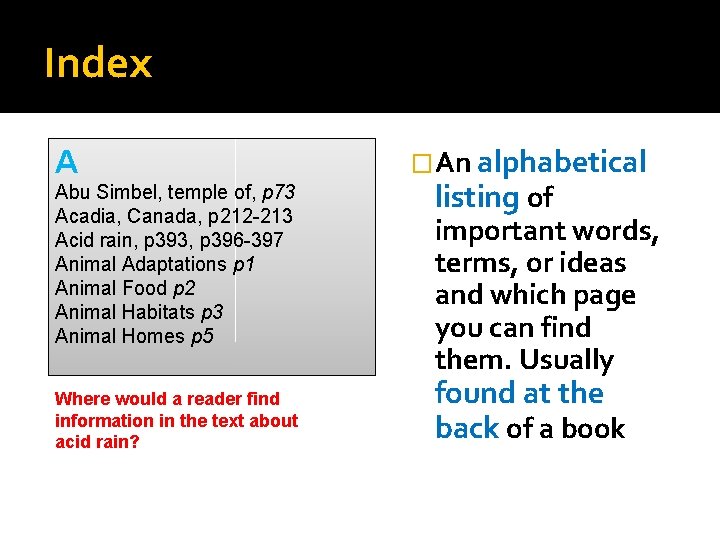 Index A Abu Simbel, temple of, p 73 Acadia, Canada, p 212 -213 Acid