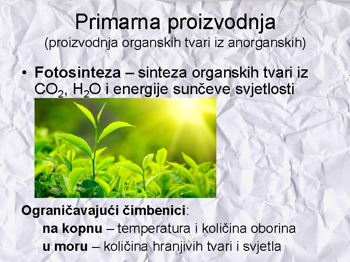 Primarna proizvodnja (proizvodnja organskih tvari iz anorganskih) • Fotosinteza – sinteza organskih tvari iz