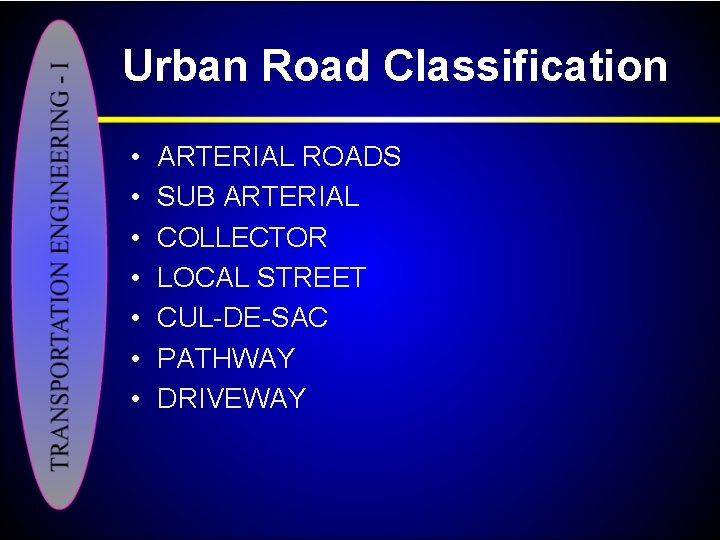 Urban Road Classification • • ARTERIAL ROADS SUB ARTERIAL COLLECTOR LOCAL STREET CUL-DE-SAC PATHWAY
