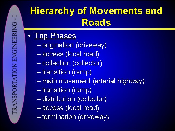 Hierarchy of Movements and Roads • Trip Phases – origination (driveway) – access (local