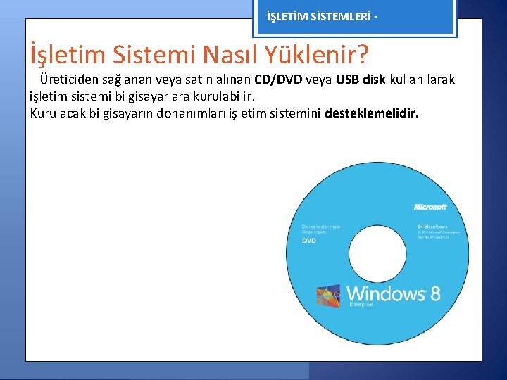 İŞLETİM SİSTEMLERİ - İşletim Sistemi Nasıl Yüklenir? Üreticiden sağlanan veya satın alınan CD/DVD veya