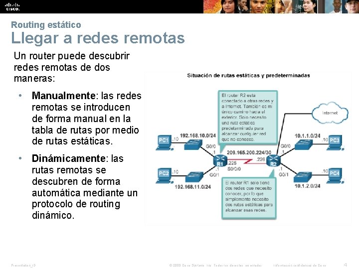 Routing estático Llegar a redes remotas Un router puede descubrir redes remotas de dos Routing estático Llegar a redes remotas Un router puede descubrir redes remotas de dos