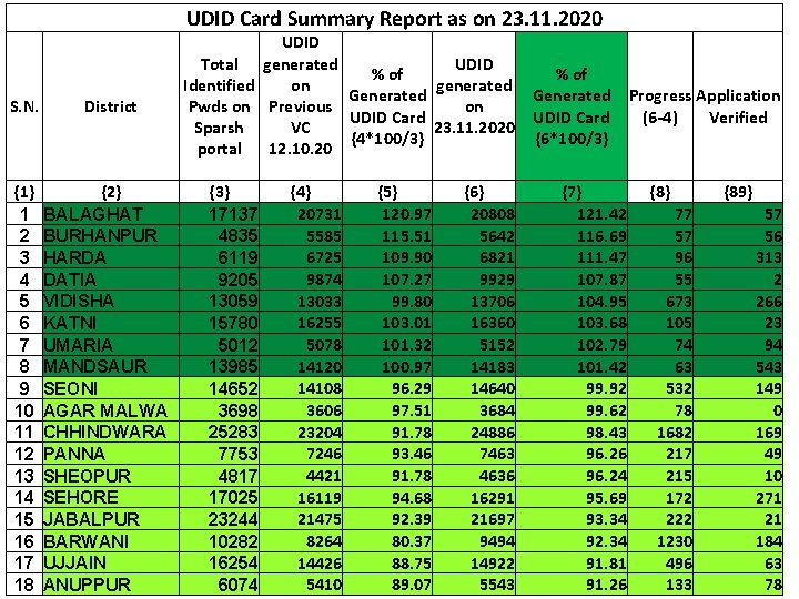 UDID Card Summary Report as on 23. 11. 2020 S. N. {1} 1 2