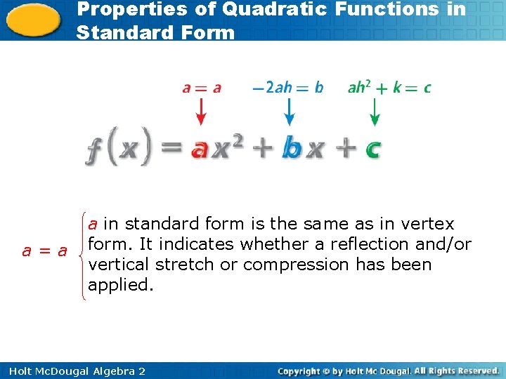 Properties of Quadratic Functions in Standard Form a=a a in standard form is the