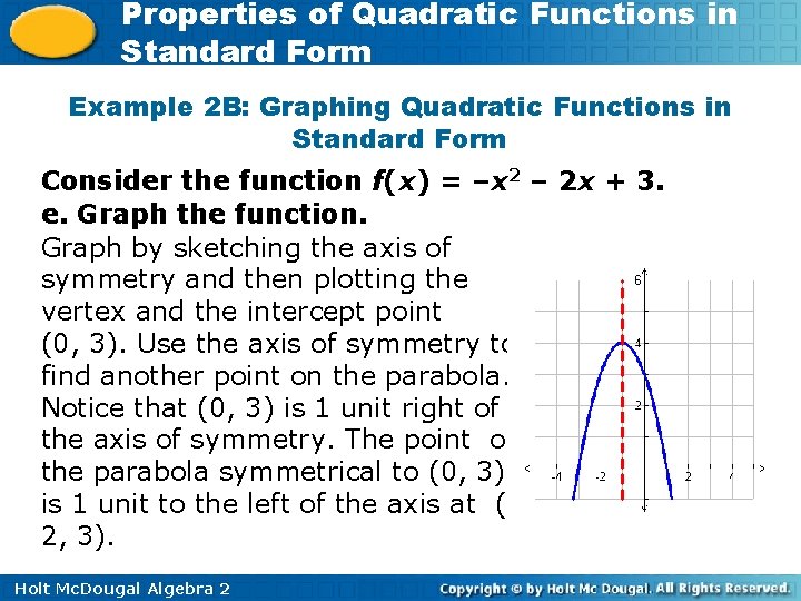 Properties of Quadratic Functions in Standard Form Example 2 B: Graphing Quadratic Functions in