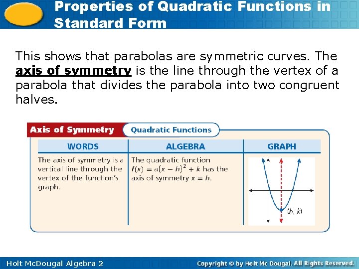 Properties of Quadratic Functions in Standard Form This shows that parabolas are symmetric curves.