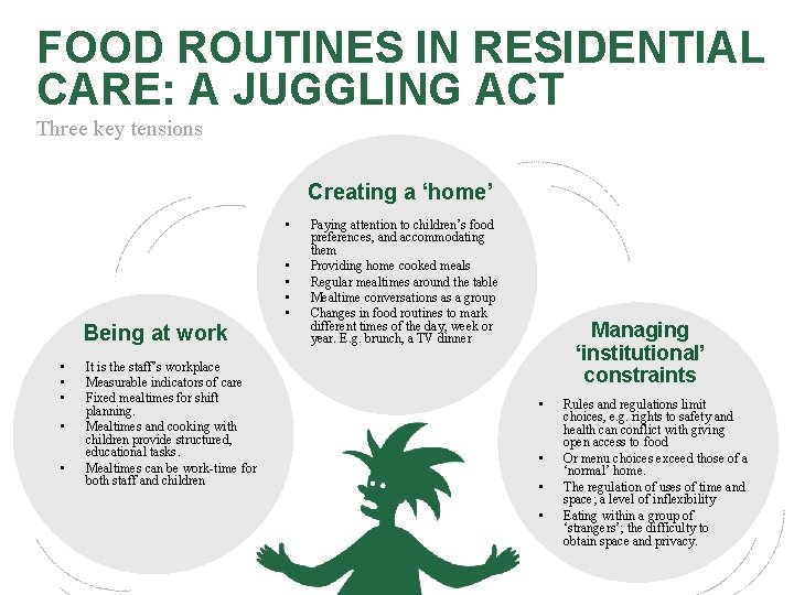 FOOD ROUTINES IN RESIDENTIAL CARE: A JUGGLING ACT Three key tensions Creating a ‘home’