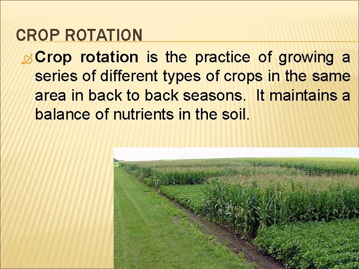 CROP ROTATION Crop rotation is the practice of growing a series of different types