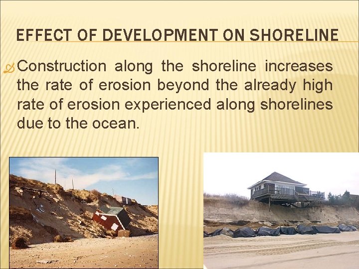 EFFECT OF DEVELOPMENT ON SHORELINE Construction along the shoreline increases the rate of erosion