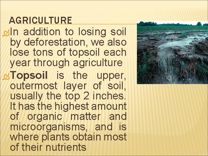 AGRICULTURE In addition to losing soil by deforestation, we also lose tons of topsoil