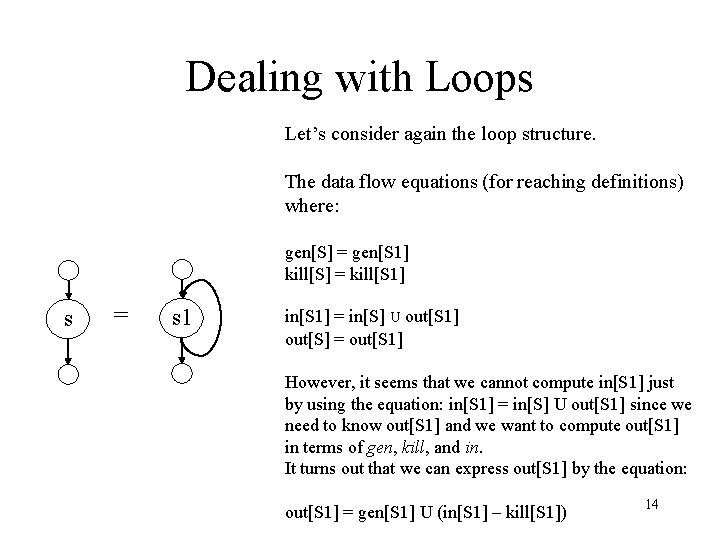 Dealing with Loops Let’s consider again the loop structure. The data flow equations (for