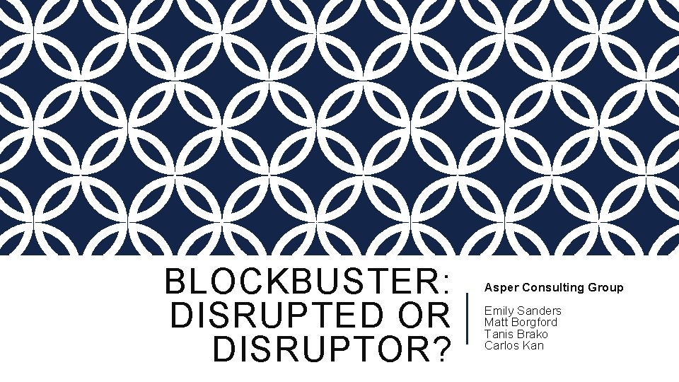 BLOCKBUSTER: DISRUPTED OR DISRUPTOR? Asper Consulting Group Emily Sanders Matt Borgford Tanis Brako Carlos