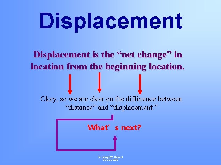 Displacement is the “net change” in location from the beginning location. Okay, so we