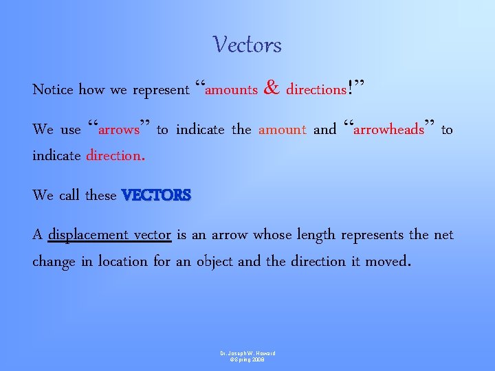 Vectors Notice how we represent “amounts & directions!” We use “arrows” to indicate the