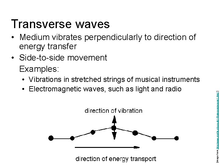 Transverse waves • Vibrations in stretched strings of musical instruments • Electromagnetic waves, such