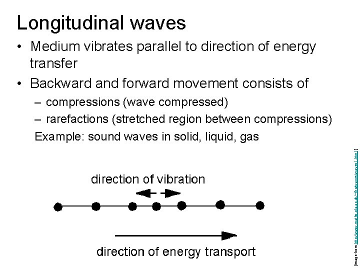 Longitudinal waves • Medium vibrates parallel to direction of energy transfer • Backward and