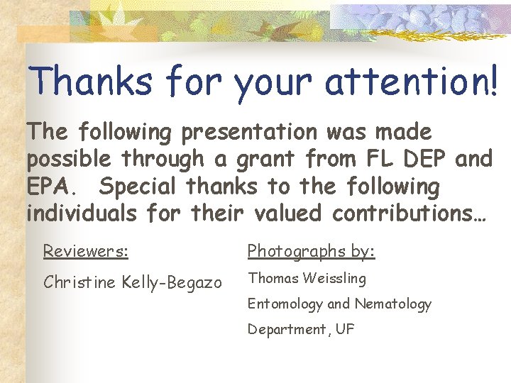 Thanks for your attention! The following presentation was made possible through a grant from