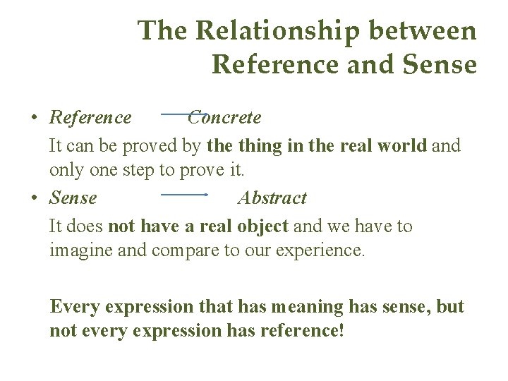The Relationship between Reference and Sense • Reference Concrete It can be proved by