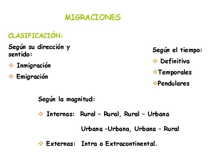 MIGRACIONES CLASIFICACIÓN: Según su dirección y sentido: Según el tiempo: v Definitiva v Inmigración