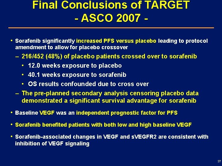 Final Conclusions of TARGET - ASCO 2007 • Sorafenib significantly increased PFS versus placebo