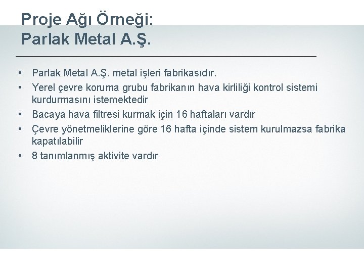 Proje Ağı Örneği: Parlak Metal A. Ş. • Parlak Metal A. Ş. metal işleri