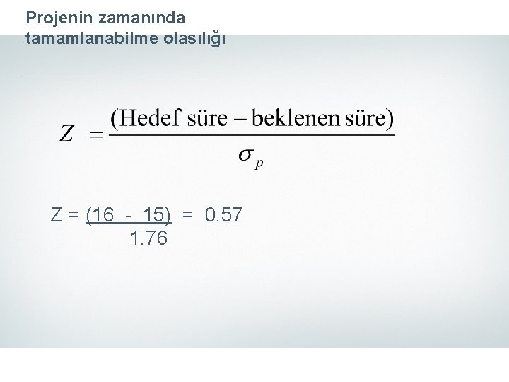 Projenin zamanında tamamlanabilme olasılığı Z = (16 - 15) = 0. 57 1. 76