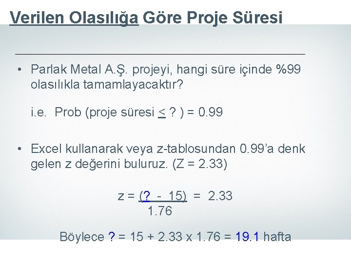 Verilen Olasılığa Göre Proje Süresi • Parlak Metal A. Ş. projeyi, hangi süre içinde