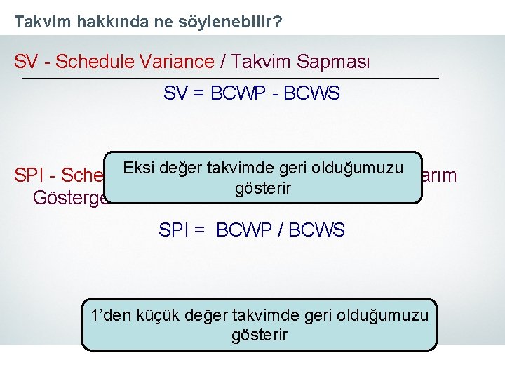 Takvim hakkında ne söylenebilir? SV - Schedule Variance / Takvim Sapması SV = BCWP