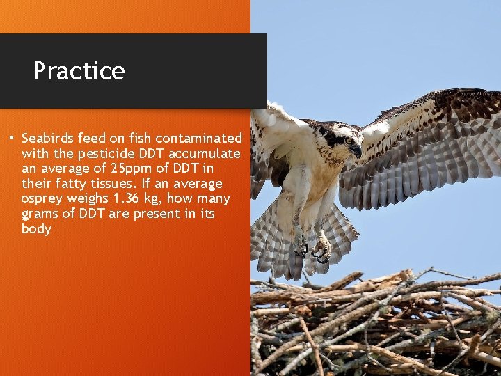 Practice • Seabirds feed on fish contaminated with the pesticide DDT accumulate an average
