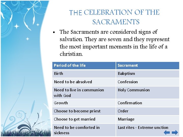 THE CELEBRATION OF THE SACRAMENTS • The Sacraments are considered signs of salvation. They