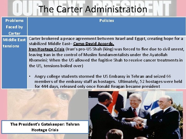 The Carter Administration Problems Policies Faced by Carter Middle East Carter brokered a peace