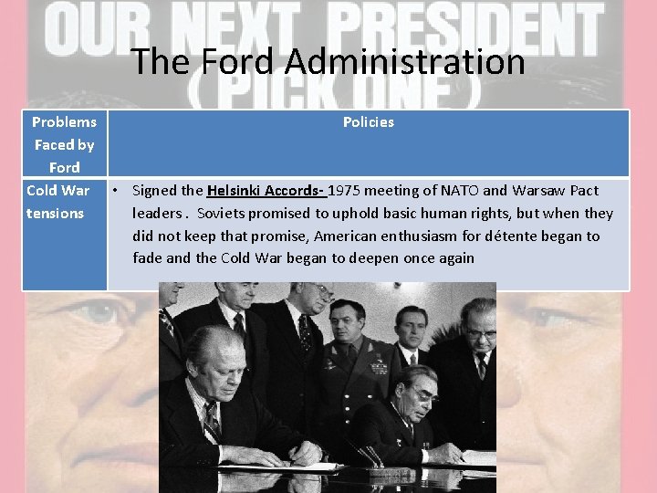 The Ford Administration Problems Policies Faced by Ford Cold War • Signed the Helsinki