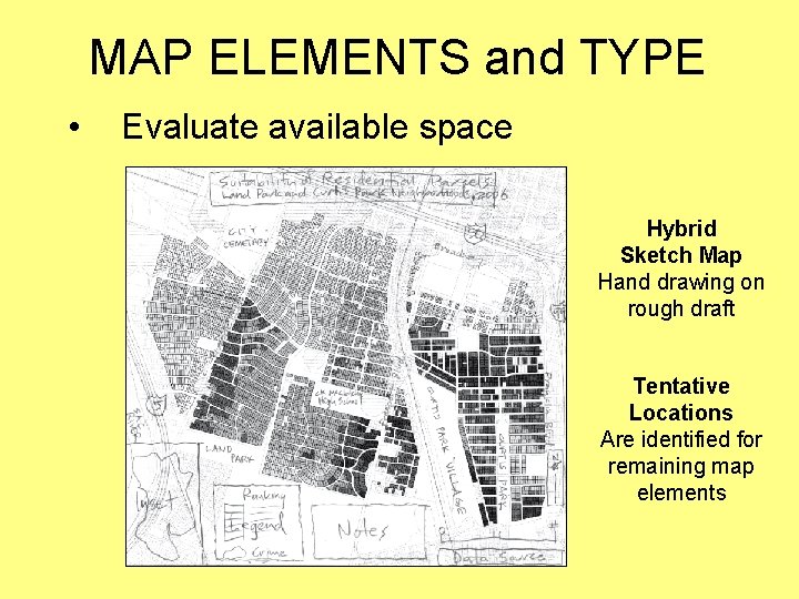 MAP ELEMENTS and TYPE • Evaluate available space Hybrid Sketch Map Hand drawing on