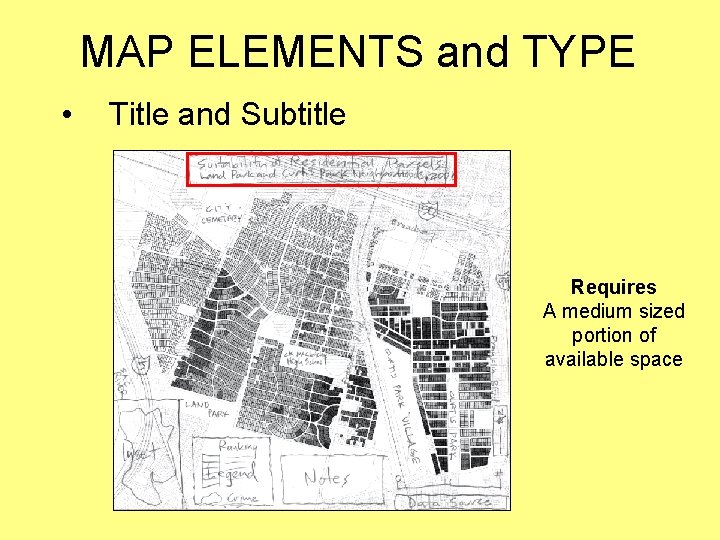 MAP ELEMENTS and TYPE • Title and Subtitle Requires A medium sized portion of