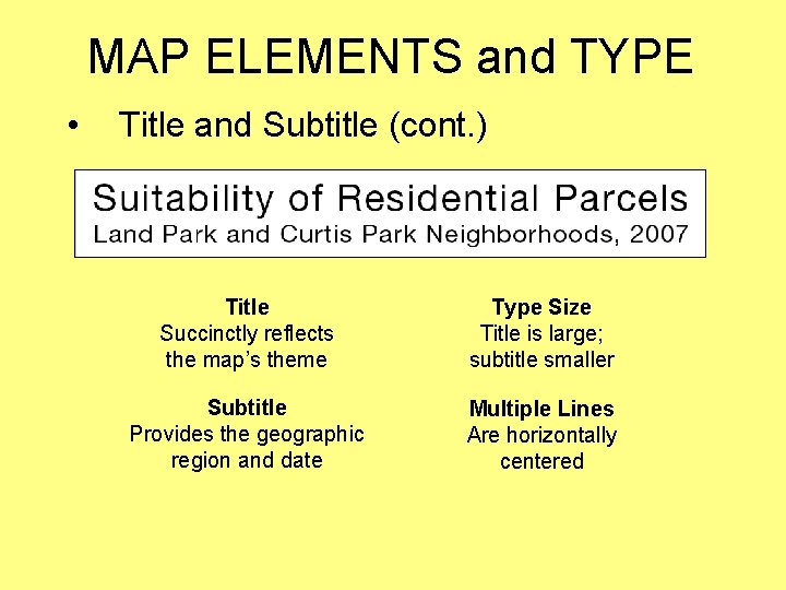MAP ELEMENTS and TYPE • Title and Subtitle (cont. ) Title Succinctly reflects the