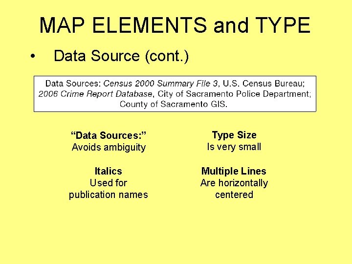 MAP ELEMENTS and TYPE • Data Source (cont. ) “Data Sources: ” Avoids ambiguity