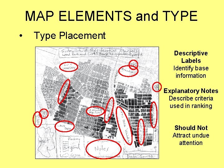 MAP ELEMENTS and TYPE • Type Placement Descriptive Labels Identify base information Explanatory Notes