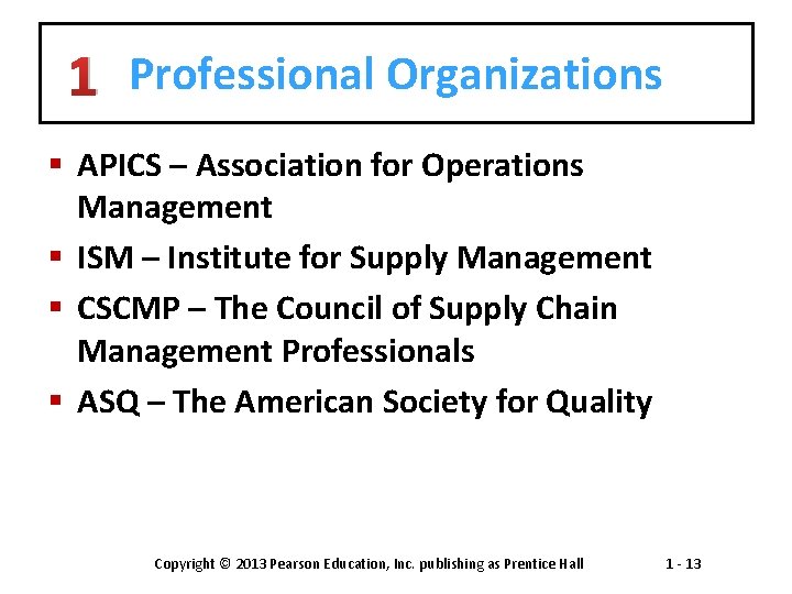 1 Professional Organizations § APICS – Association for Operations Management § ISM – Institute