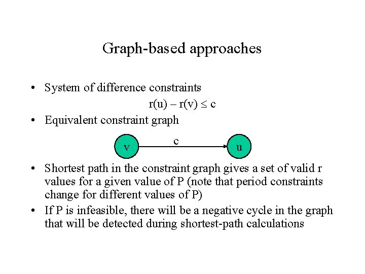 Graph-based approaches • System of difference constraints r(u) – r(v) c • Equivalent constraint