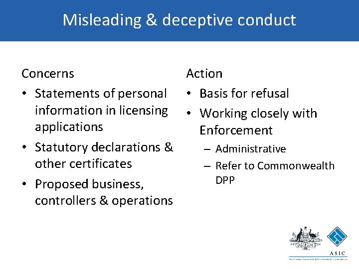 Misleading & deceptive conduct Concerns Action • Statements of personal • Basis for refusal