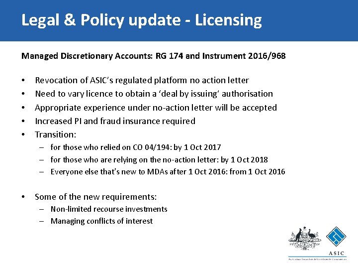 Legal & Policy update - Licensing Managed Discretionary Accounts: RG 174 and Instrument 2016/968