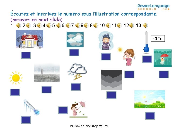 Écoutez et inscrivez le numéro sous l’illustration correspondante. (answers on next slide) 1 2