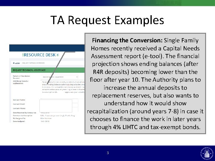 TA Request Examples Financing the Conversion: Single Family Homes recently received a Capital Needs