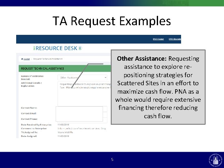 TA Request Examples Other Assistance: Requesting assistance to explore repositioning strategies for Scattered Sites