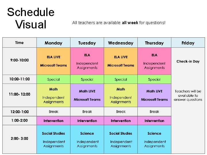 Schedule Visual All teachers are available all week for questions! 
