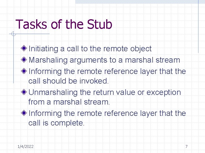 Tasks of the Stub Initiating a call to the remote object Marshaling arguments to