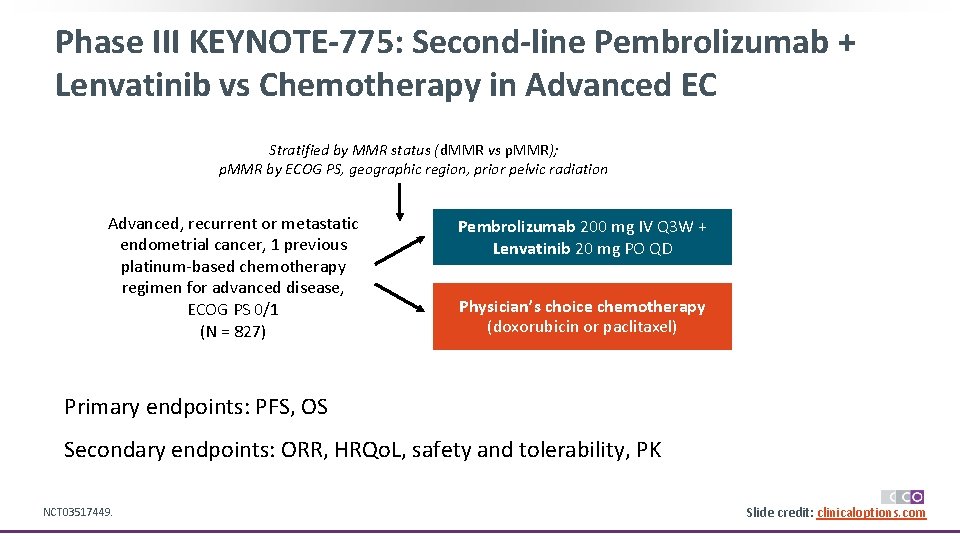 Phase III KEYNOTE-775: Second-line Pembrolizumab + Lenvatinib vs Chemotherapy in Advanced EC Stratified by