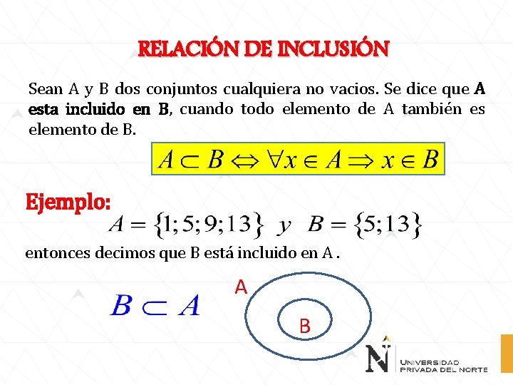 RELACIÓN DE INCLUSIÓN Sean A y B dos conjuntos cualquiera no vacios. Se dice