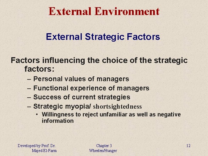 External Environment External Strategic Factors influencing the choice of the strategic factors: – –