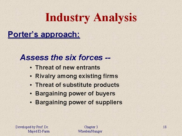 Industry Analysis Porter’s approach: Assess the six forces - • • • Threat of